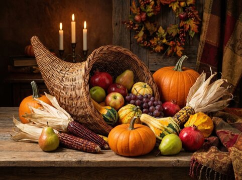 A bountiful harvest cornucopia overflows with autumn's finest produce, including pumpkins, apples, grapes, and gourds, complemented by lit candles and a rustic wooden backdrop.