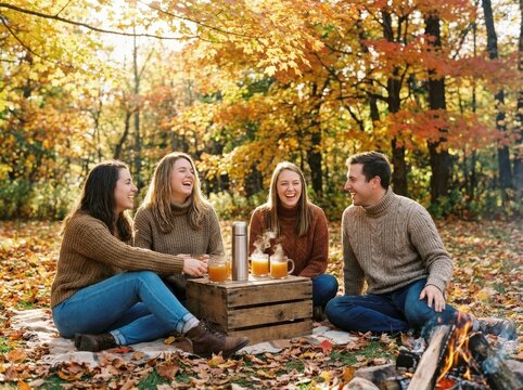 A joyful group of friends enjoys a warm autumn gathering outdoors, sharing drinks by a crackling campfire amidst a colorful forest ablaze with fall foliage.