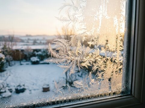 Intricate ice crystals form beautiful, fern-like patterns on a frosty windowpane, overlooking a snow-covered garden bathed in the soft, golden light of dawn.