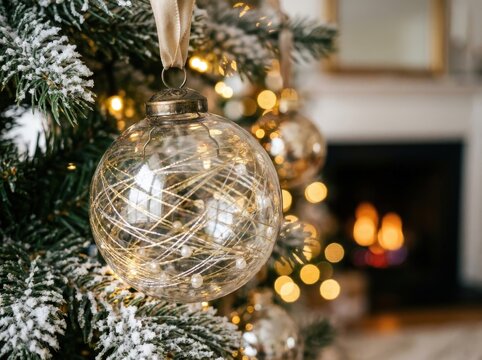 Close-up shot of a clear glass Christmas bauble filled with twinkling lights, hanging on a frosted fir tree branch. In the blurred background, a cozy fireplace with a warm.
