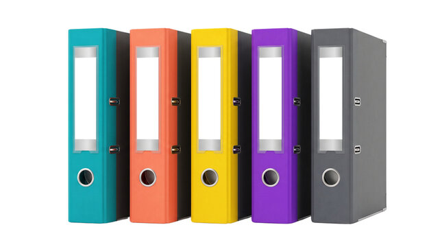 Five colorful ring binders in a row isolated on transparent background