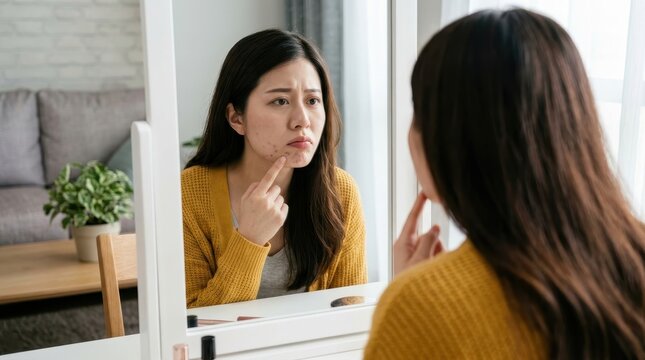 Concerned Asian woman examining pimples and skin blemishes on her face in the mirror at home.