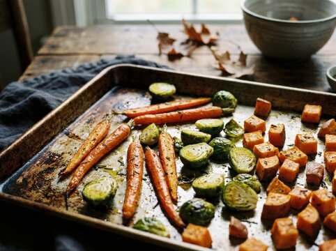 Roasted root vegetables, including carrots, sweet potatoes, and Brussels sprouts, are beautifully arranged on a baking sheet, showcasing a delicious and healthy homemade meal.