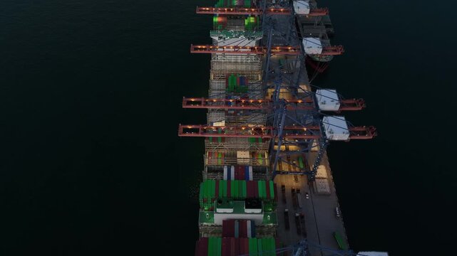 Aerial view container cargo ship loading unloading at night, Container cargo ship import export sea port, Global trade business container cargo ship freight shipping commercial trade logistic