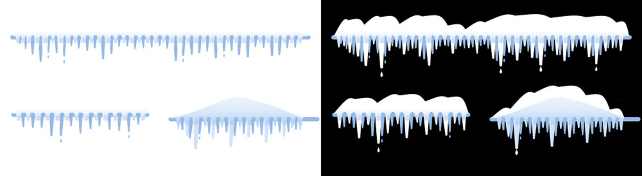 Set of decorative snowy roofs with hanging icicles for winter season holiday design elements