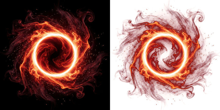 Abstract fiery ring portal with glowing embers and swirling smoke, dynamic energy vortex effect on black and transparent background