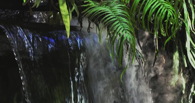Waterfall Cascading Through Tropical Ferns and Mist Close-Up