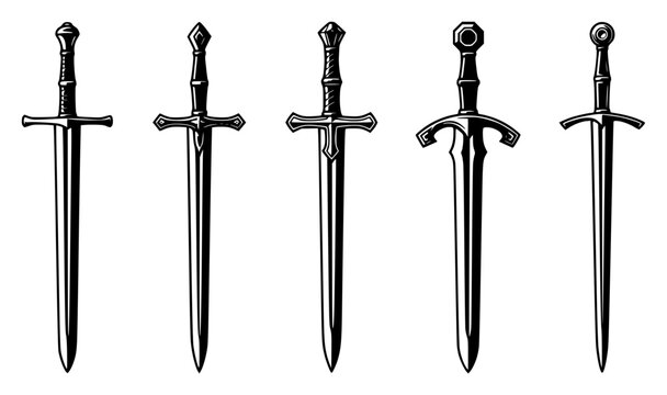 Five medieval swords arranged ho&hellip; set with simple line art design featuring sketches, drawings, vector graphics with minimalist and simple illustrations