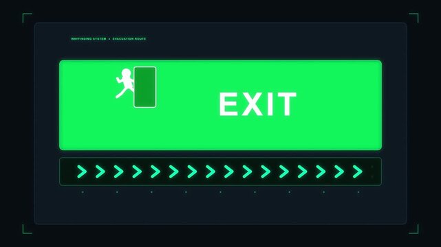 Green exit sign with running man icon animation, emergency door symbol, safety evacuation, clear pathway motion graphic