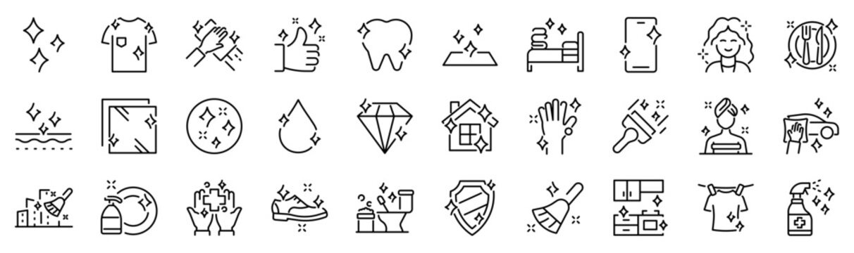 Set of 30 outline icons related to glow, clean. Linear icon collection. Editable stroke. Vector illustration