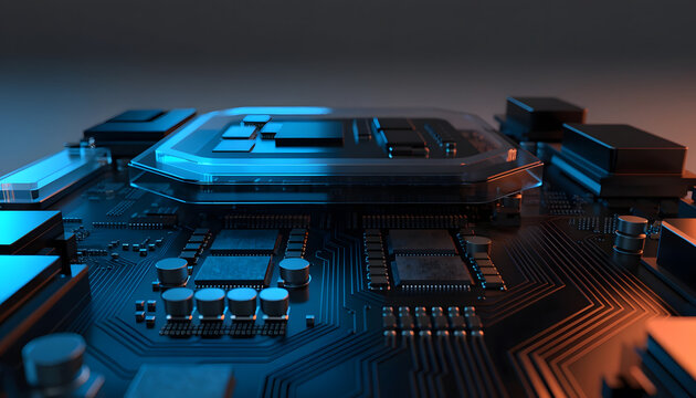 Modern computer motherboard with glowing central microchip. High speed data processing and semiconductor engineering. Advanced CPU module operating on integrated electronic circuit system
