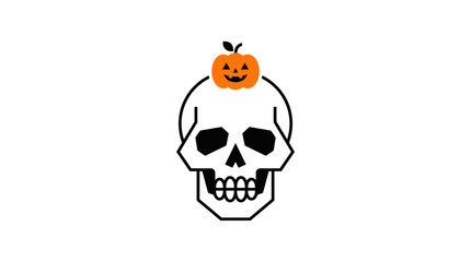 Fototapeta premium A flat vector illustration of a human skull with a tiny jack o lantern on top