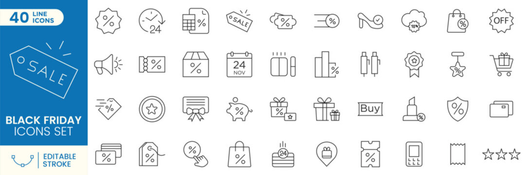 Black Friday sale icon set. Collection of shopping, discount, promotion, retail, coupon, percentage, gift and ecommerce symbols. Editable stroke