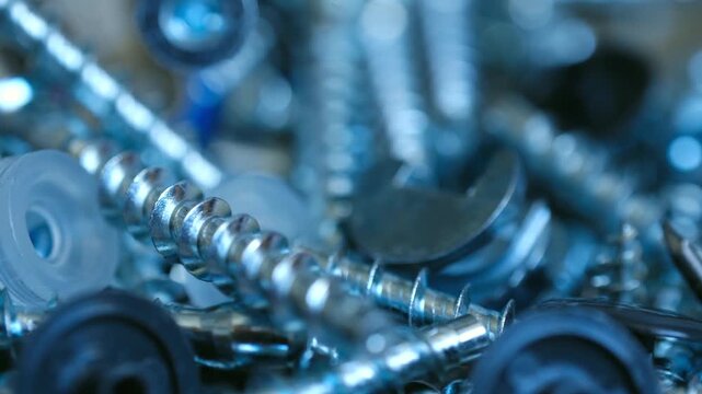 Shiny metal screws, cam lock nuts, and various fasteners in close up view, highlighting details of hardware used for woodworking, construction, and furniture assembly.