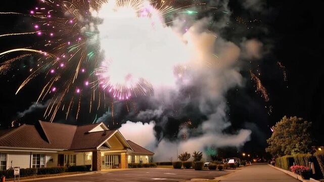 A spectacular fireworks display illuminates the night sky above a building with a welcoming entrance. ..Created with Generative AI, not depicting real subjects.