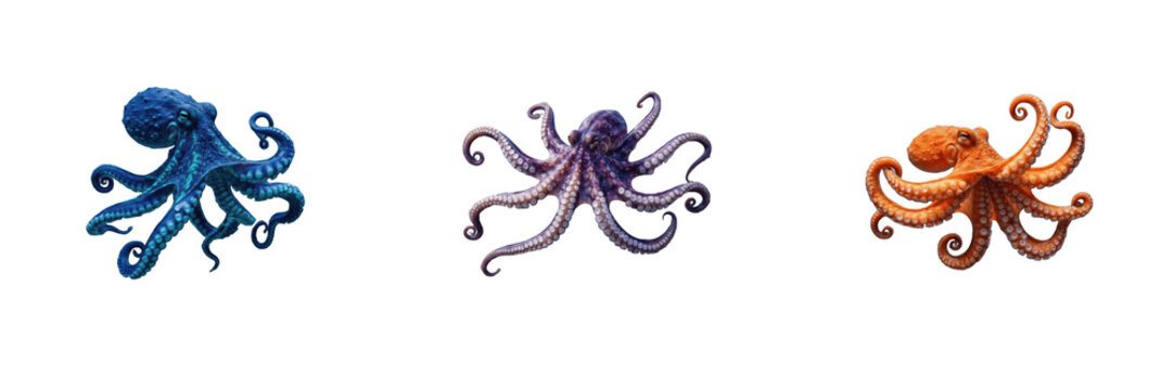 Cute colorful octopus set vector illustration, vibrant blue, purple, and orange sea animals with detailed tentacles isolated on white background for marine designs and children graphics