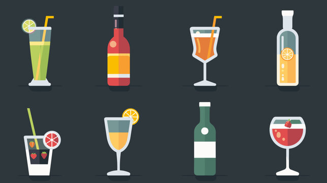 Colorful Flat Cocktail And Liquor Bottle Icon Set On Dark Blue Background With Citrus Garnishes And