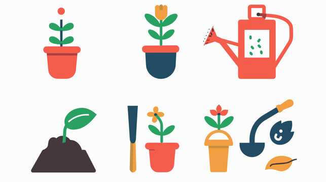 Colorful Flat Gardening Icons Set Featuring Potted Plants Watering Can Trowel Shovel Soil And