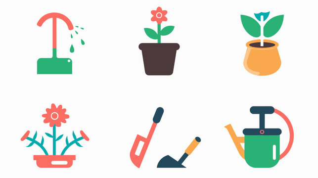 Colorful Flat Gardening Icons Set Featuring Watering Can Potted Plants Trowel Shovel And Spray