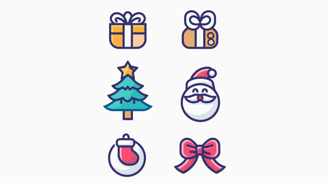 Colorful Flat Holiday Icon Set With Gift Boxes Christmas Tree Santa Ornament And Red Bow Minimal