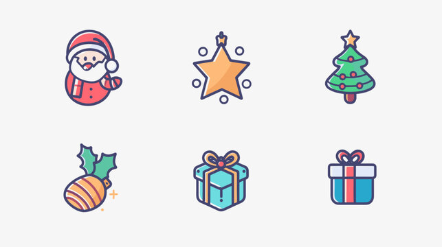 Colorful Flat Holiday Icon Set Featuring Festive Bearded Face Star Christmas Tree Ornament And