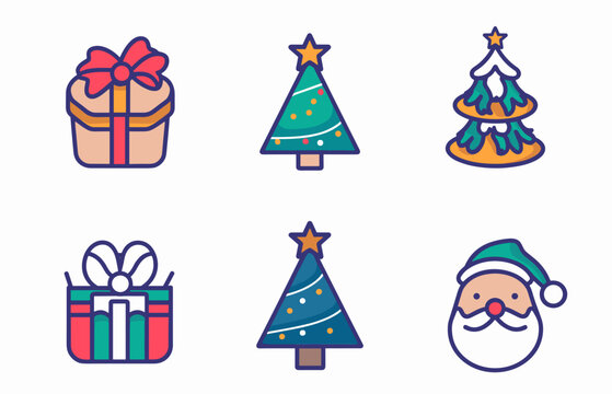 Colorful Flat Holiday Icon Set Featuring Wrapped Gift Boxes Decorated Evergreen Trees Festive