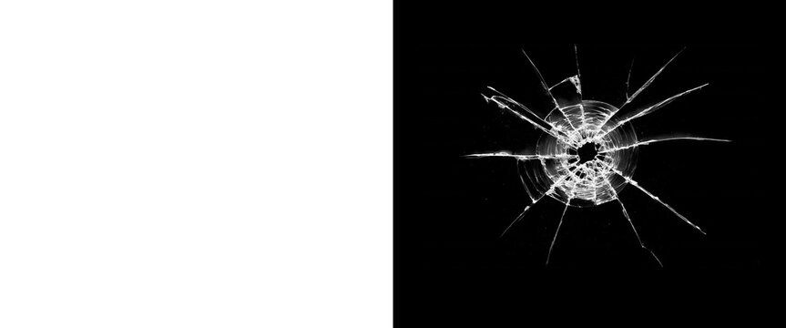 Shattered glass bullet hole on black background, cracked window texture with radial fractures, broken glass overlay for composite design