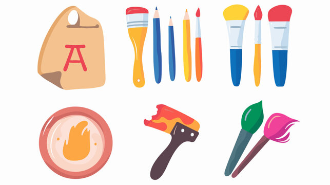 Colorful Flat Icons Of Art Supplies Including Paintbrushes Roller Paint Jar Palette And Canvas Tote