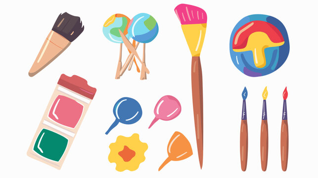 Colorful Flat Icons Of Children's Art Supplies With Paintbrushes Palette Tubes And Craft Tools On