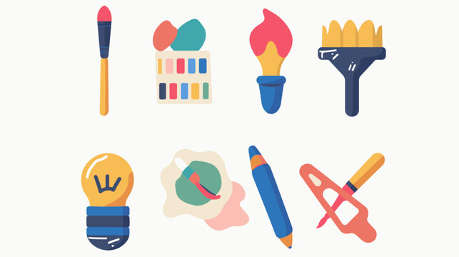 Colorful Flat Icon Set Of Art And Design Tools Featuring Paintbrushes Palette Roller Pencil