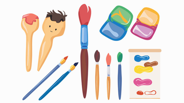 Colorful Flat Lay Illustration Of Artist Tools With Multiple Paint Brushes Palettes Mixing Trays