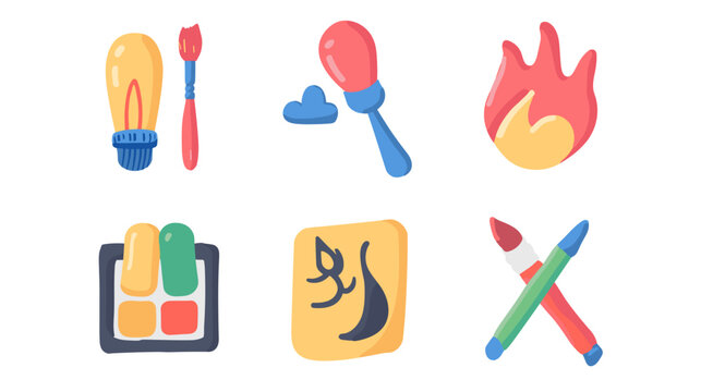 Colorful Flat Icons Set Featuring Lightbulb Toothbrush Spoon Flame Paint Palette Cat Sketch And