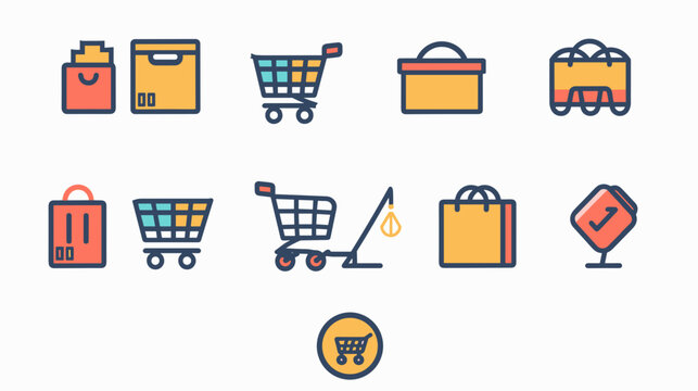 Colorful Flat Line Shopping And Retail Icon Set With Carts Bags Tags Boxes And Trolleys On White
