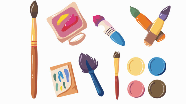 Colorful Flat Lay Of Painting Supplies With Brushes Paint Tubes Palettes And Paint Pans On White