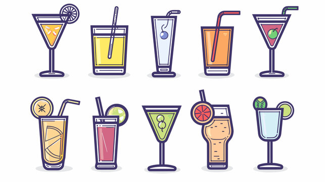 Colorful Flat Line Art Set Of Ten Cocktail And Mocktail Glass Icons With Garnishes Straws Ice And