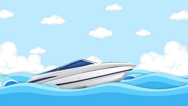 Speed boat sailing fast on ocean waves under blue cloudy sky motion footage.
