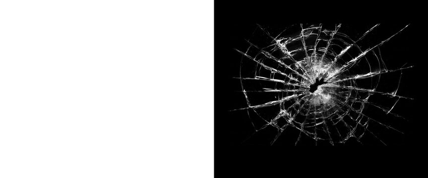 Shattered glass texture on black background, broken window spiderweb cracks, realistic bullet hole impact effect for composite design
