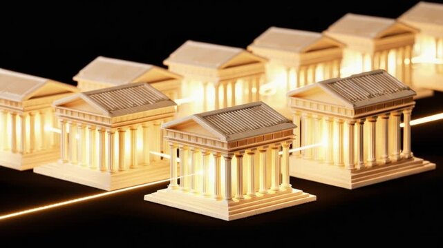 A row of miniature, glowing classical buildings with prominent columns, symbolizing financial institutions or government structures. ..Created with Generative AI, not depicting real subjects.