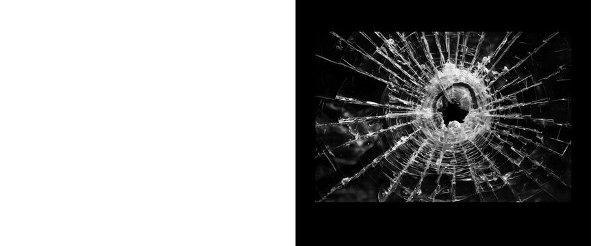 Shattered glass texture with bullet hole, broken window pane on black background, cracked glass surface with radial fractures and spiderweb pattern