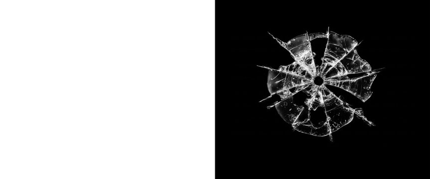 Shattered glass bullet hole on black background, broken window glass texture with radial cracks, realistic bullet impact damage effect