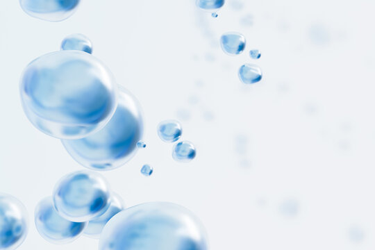 Abstract blue water bubbles floating background, representing hydration, skincare, cosmetics, biotechnology, medicine, purity, freshness and scientific research. Copy space. Place for text and design.