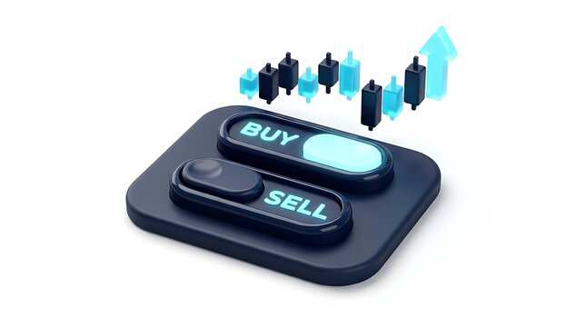 3d render of buy and sell toggle switches with financial growth chart