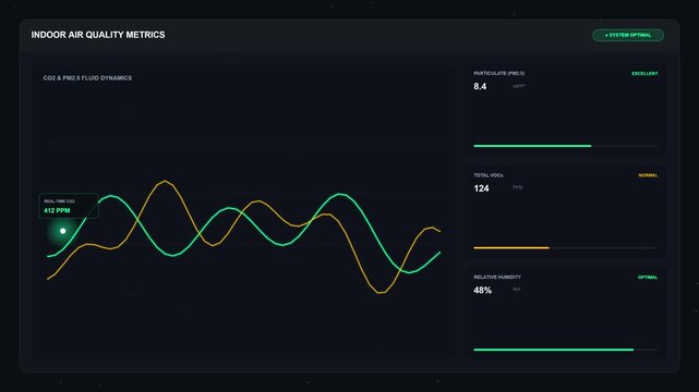 Indoor dashboard showing green CO2 graph and orange PM2.5 line