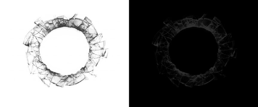 Shattered glass circle frame on white and black background, broken glass ring with sharp shards, cracked window glass circular border design