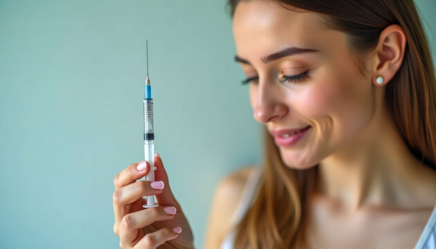 Smiling young woman holding a medical syringe indoors. Health care, beauty treatment, medical wellness.
