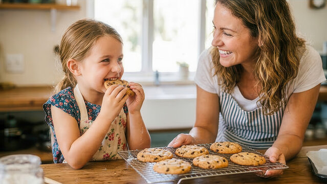 Smiling mother and young daughter eating freshly baked chocolate chip cookies in a kitchen, joyful family moment, cozy lifestyle.