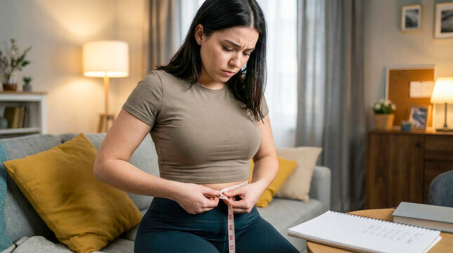 A young woman measures her waist with a tape measure in a living room, weight loss, body tracking, fitness progress, healthy lifestyle.