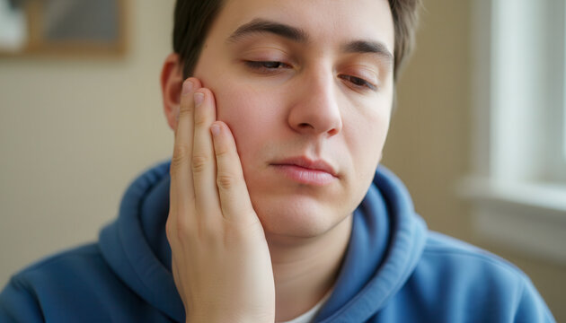 A young man touches his swollen cheek after wisdom tooth removal, dental pain, health recovery, medical condition.