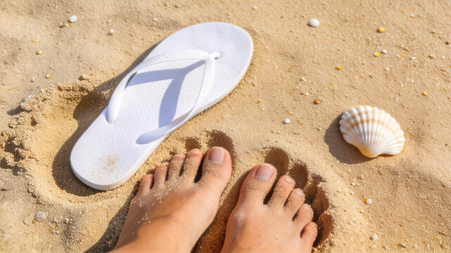 Bare feet standing on warm sand next to a white flip flop and a seashell, relaxing beach vacation, summer holiday, tropical travel destination.