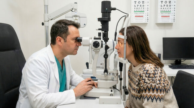 A male doctor examines a female patient using a slit lamp machine in a bright clinic, vision healthcare, medical checkup.